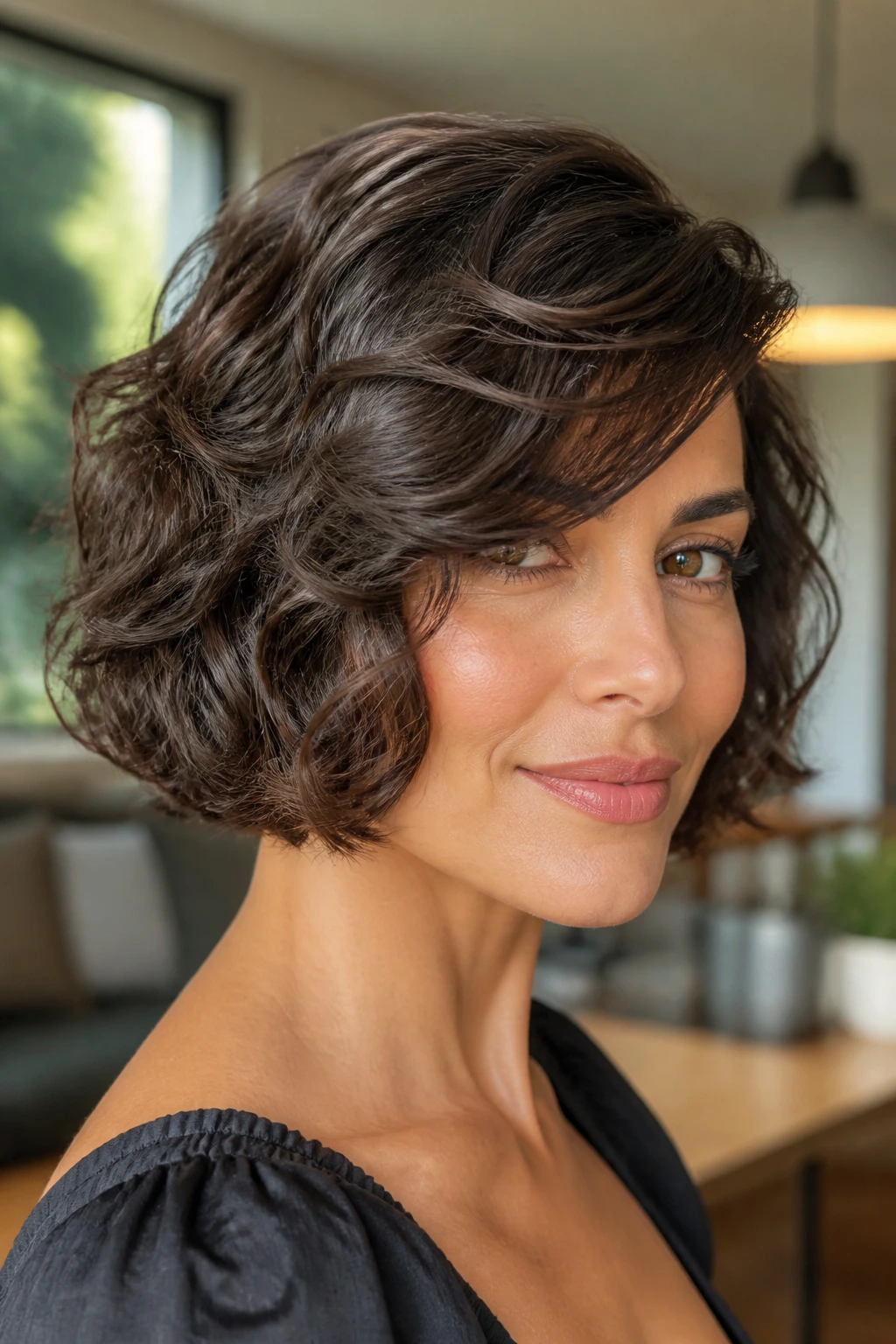 Close-up portrait of a real woman with a glossy textured bob and side-swept bangs