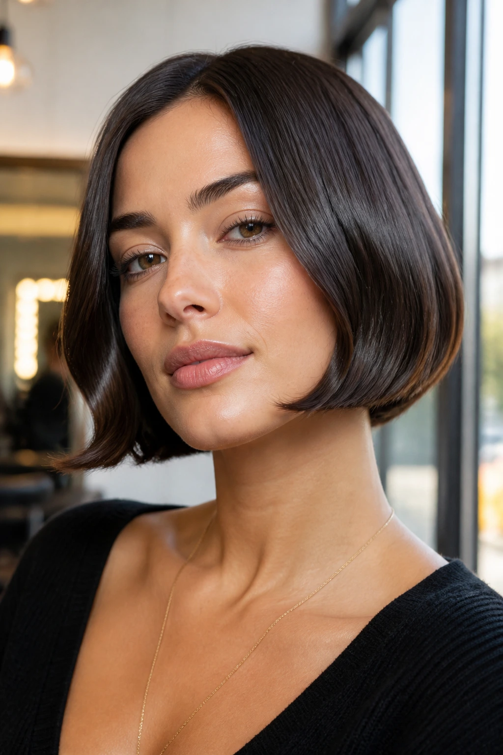 Close-up portrait of a woman with a glossy straight-to-wave short bob.