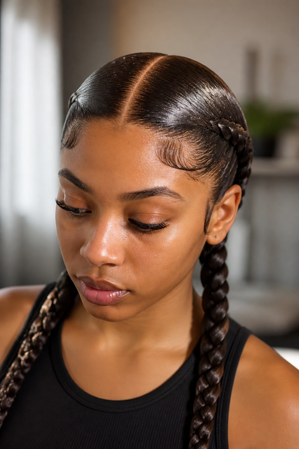 Glossy pigtail braids with smooth finish on a real person