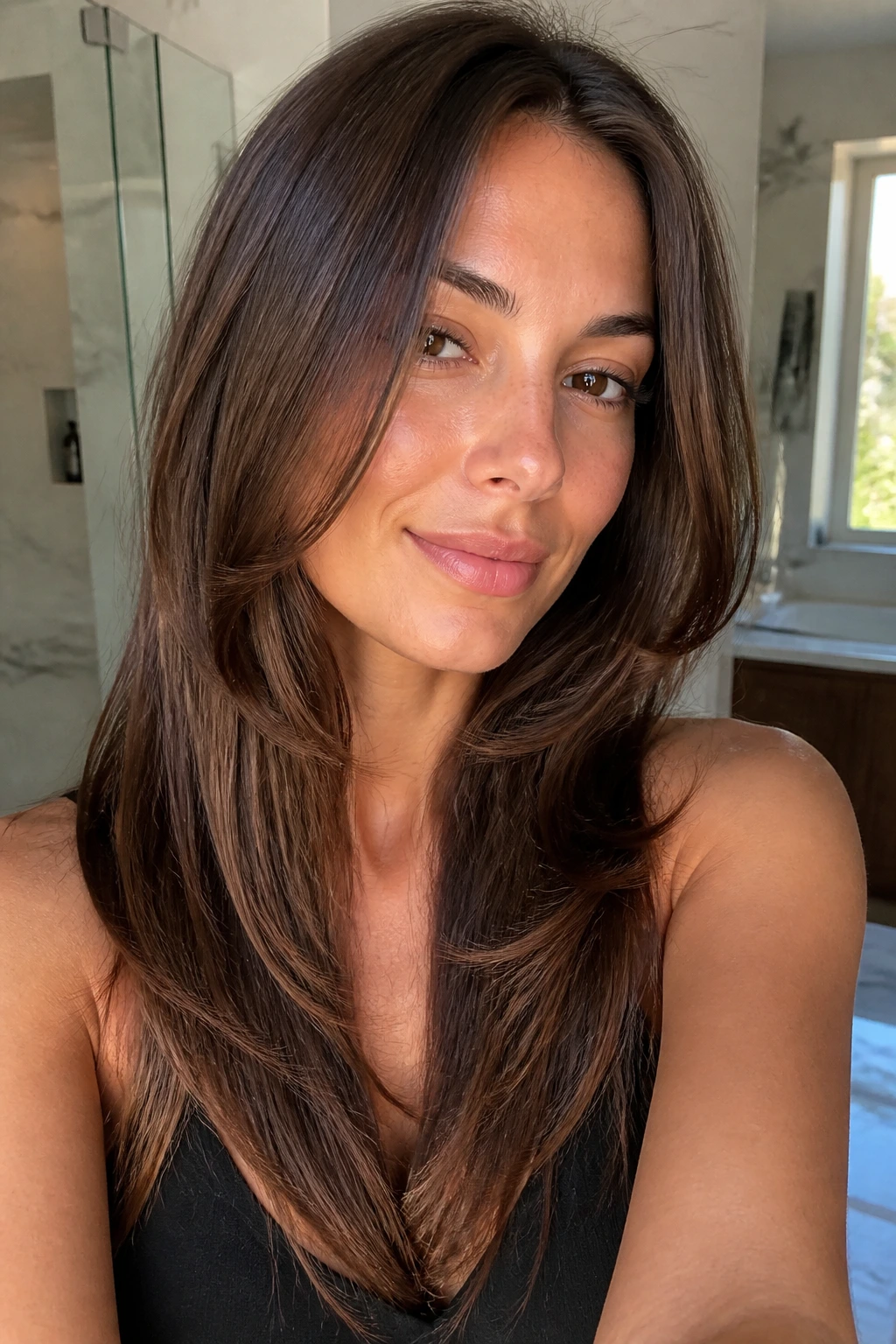 Close-up of a real woman with glossy brown long layers and tucked-under sides