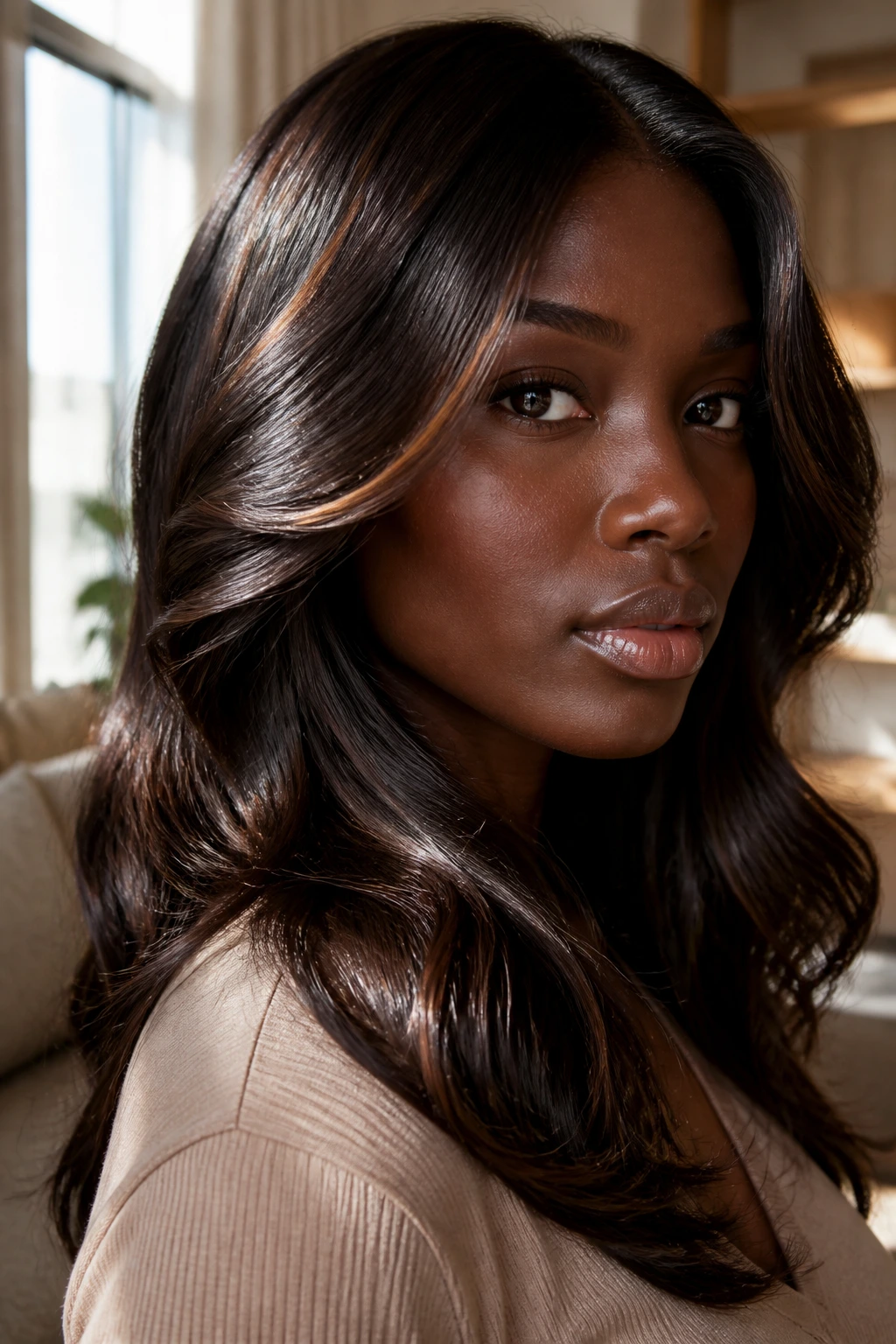 Close-up portrait of a deep-skinned person with glossy brunette hair catching light