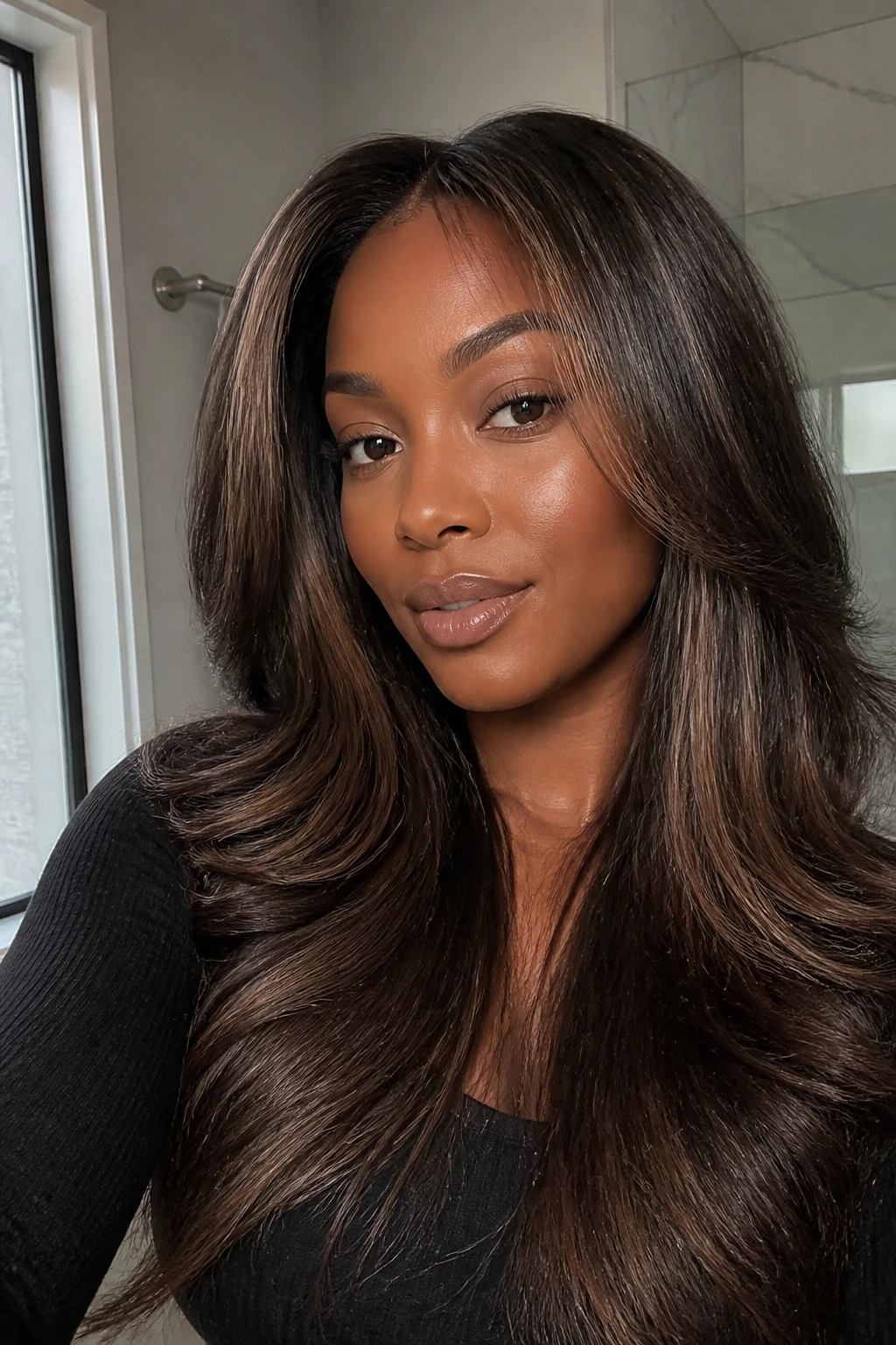 Portrait of a real person with glossy brunette hair displaying root shadow and lighter front piece