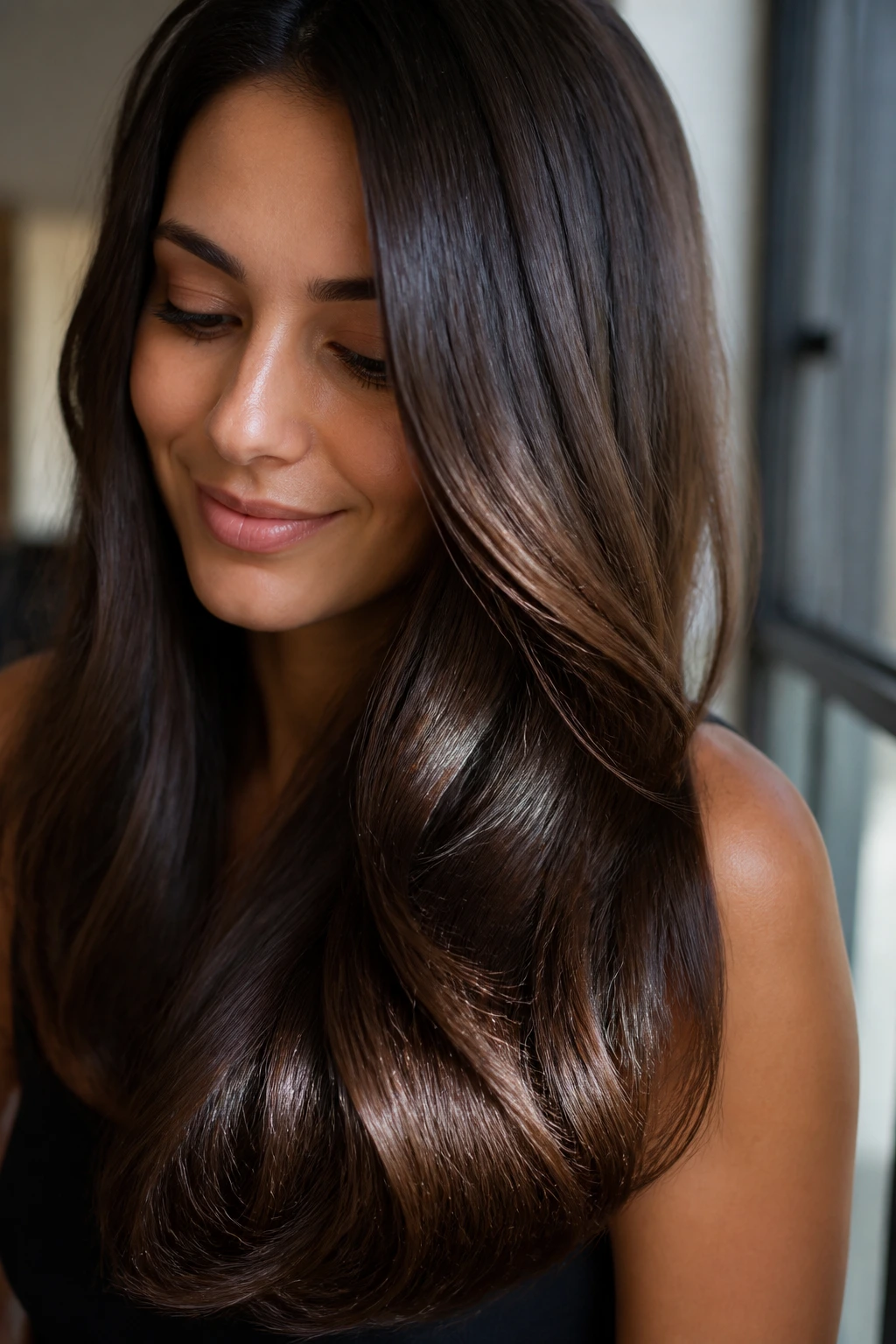 Close-up of a real woman with glossy brunette hair glowing under soft window light