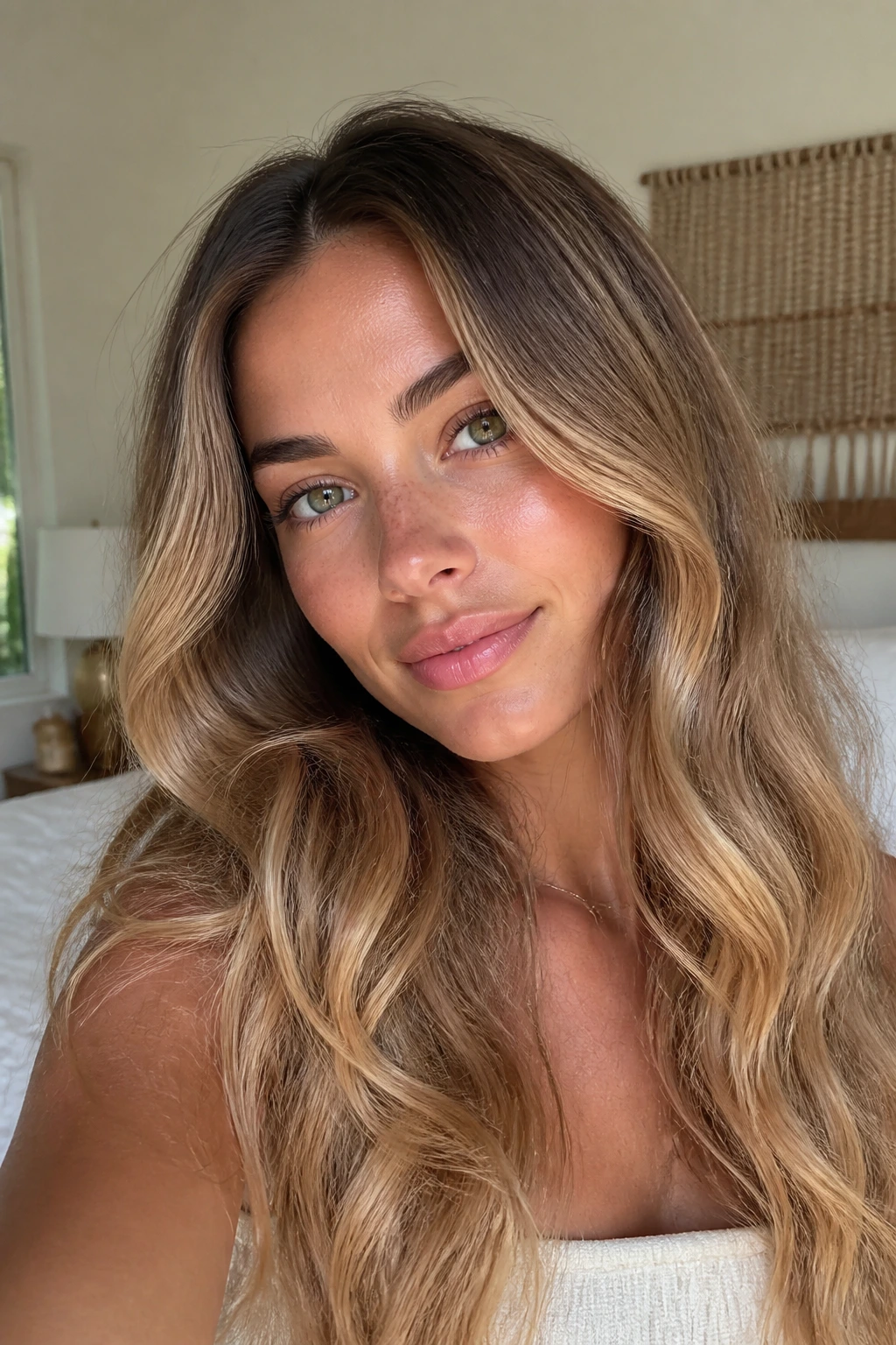 Close-up of a real woman with glossy brush-out waves under window light
