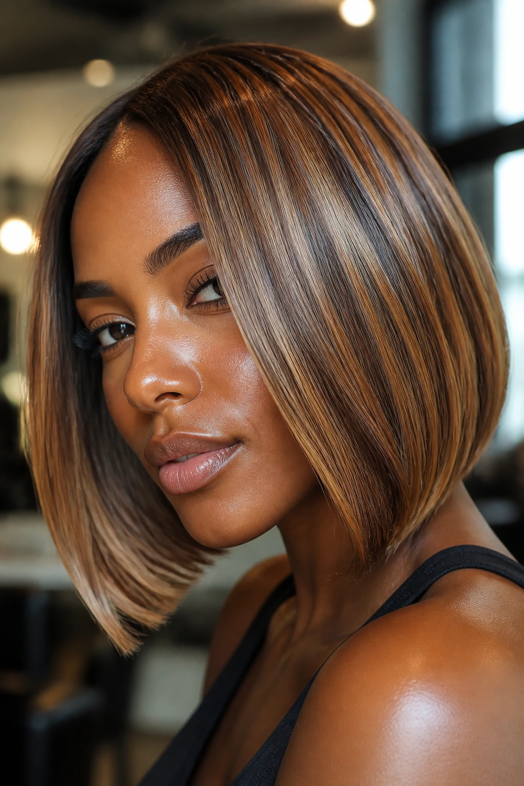 Close-up of a real woman with glossy caramel highlights on a sleek bob.