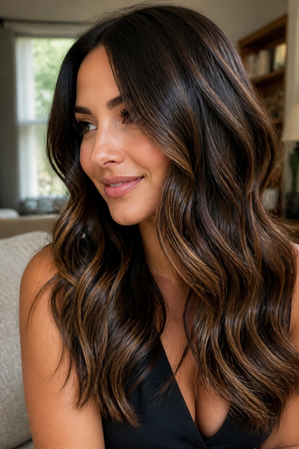 Close-up portrait of a real woman with dark hair highlighted in glossy caramel.