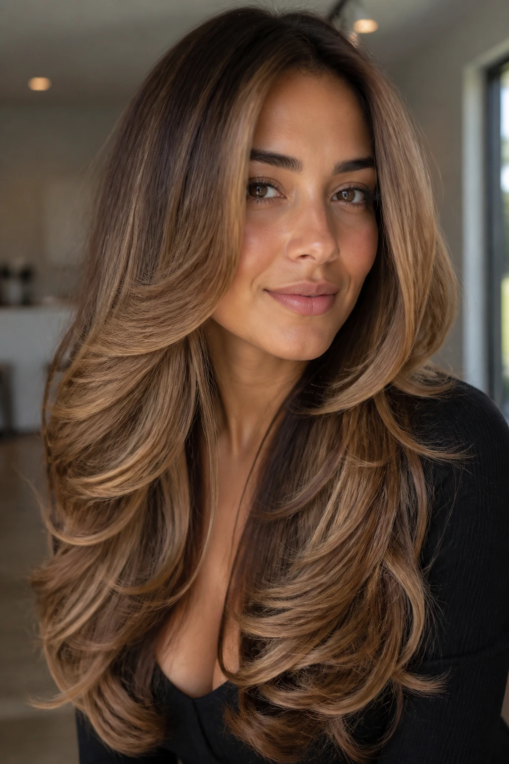 Portrait of a real woman with glossy caramel bombshell layers and rich dimension.