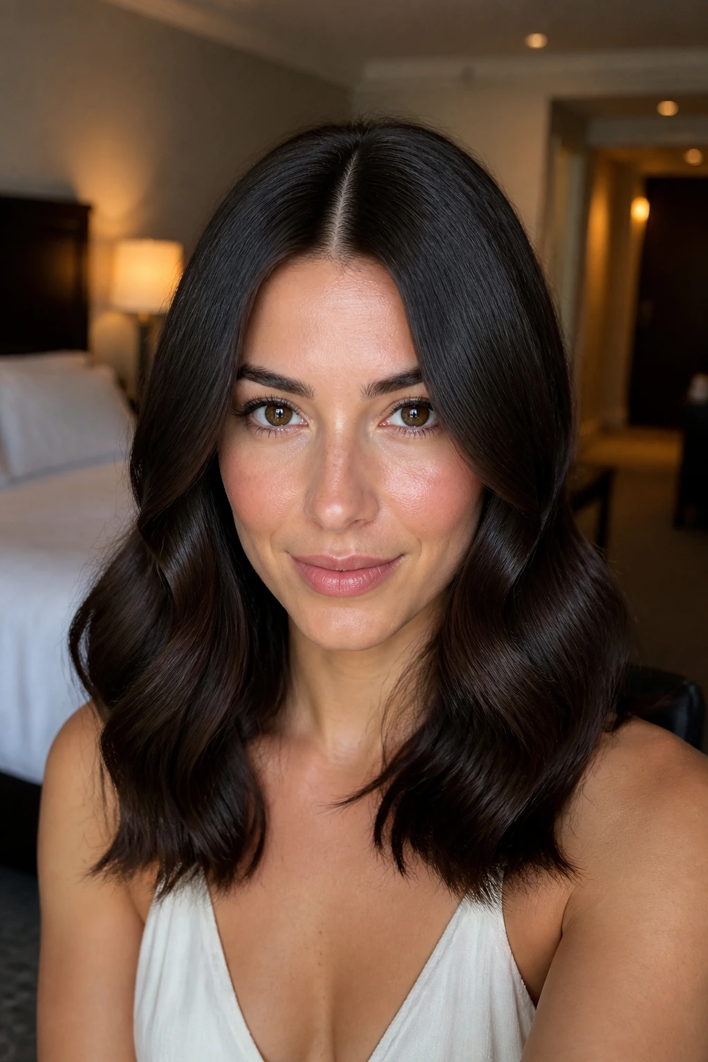 Front portrait of a real woman with a glossy center-parted hairstyle and soft bends