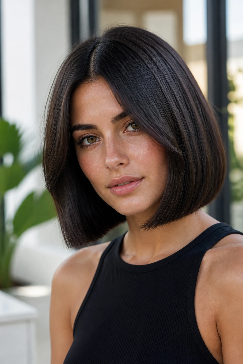 Real woman with a glossy center-part bob in natural daylight.