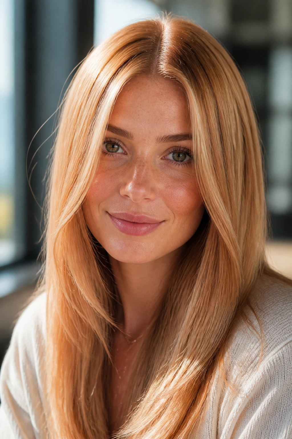 Portrait of a woman with glossy center-part strawberry blonde hair.