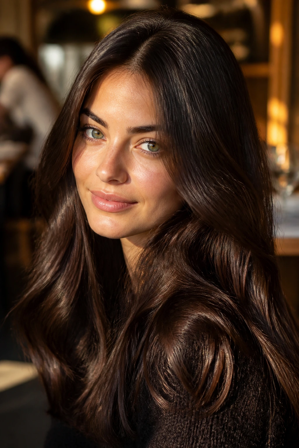 Close-up portrait with glossy chocolate brown hair under warm cafe light