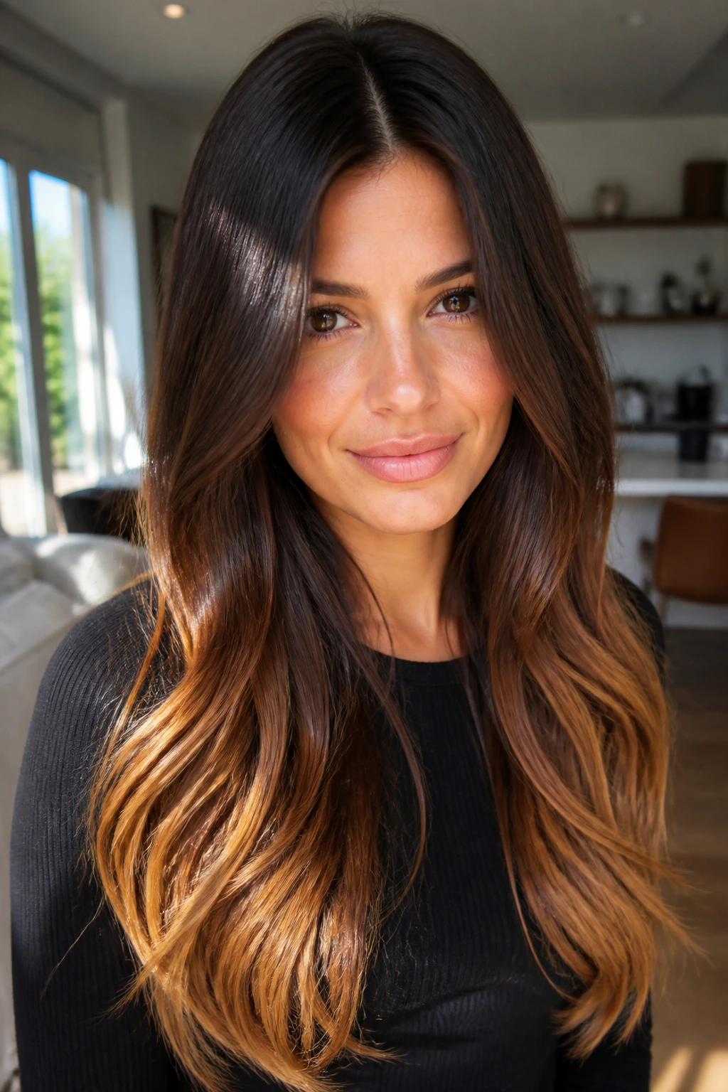 Close-up of a real woman with glossy chocolate brunette and caramel ends