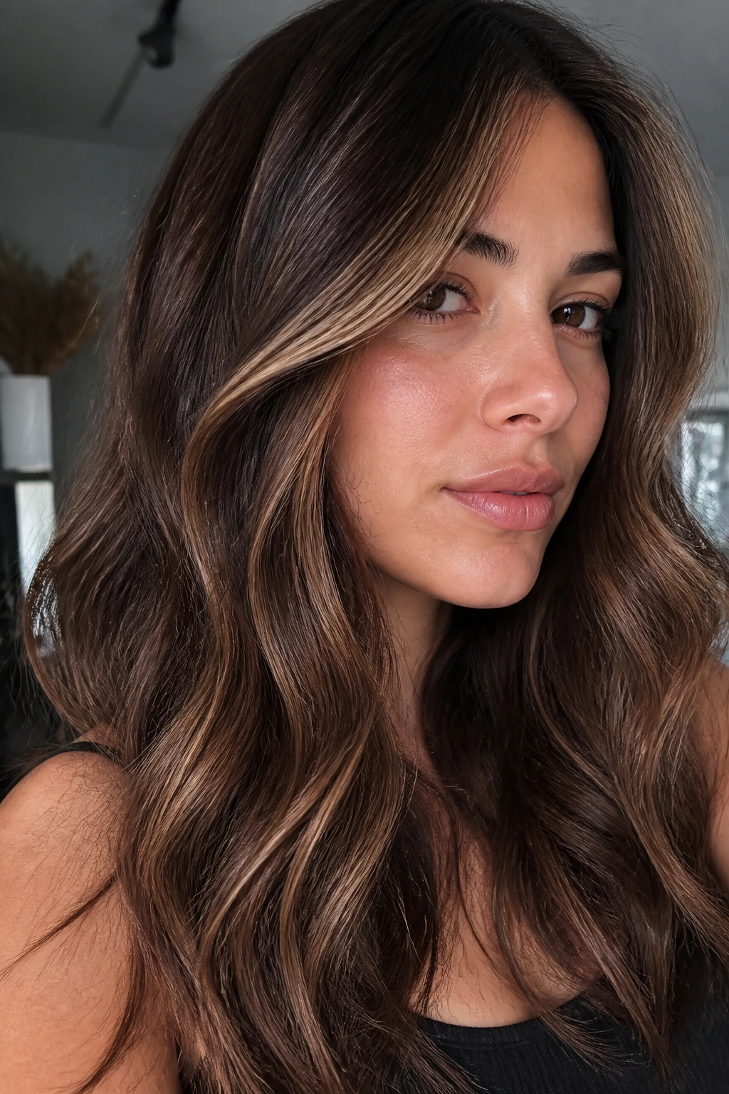 Close-up brunette with glossy cocoa and beige caramel veils
