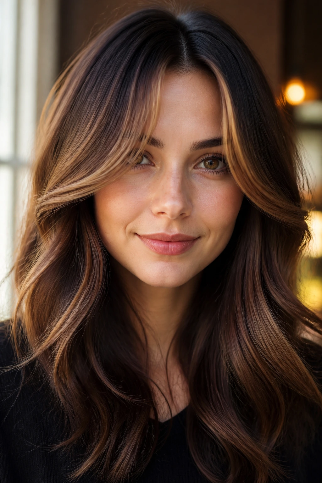 Close-up of a real woman with glossy cocoa hair and caramel curtain bangs