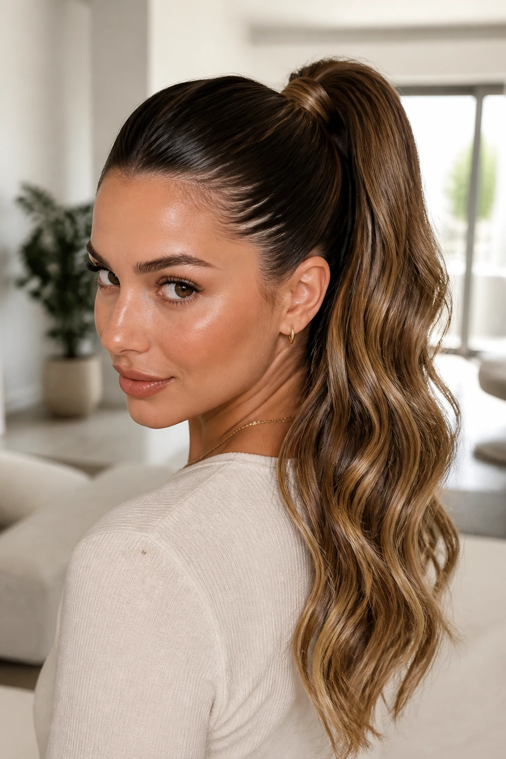 Close-up of a real woman with a glossy crown ponytail and waved lengths.