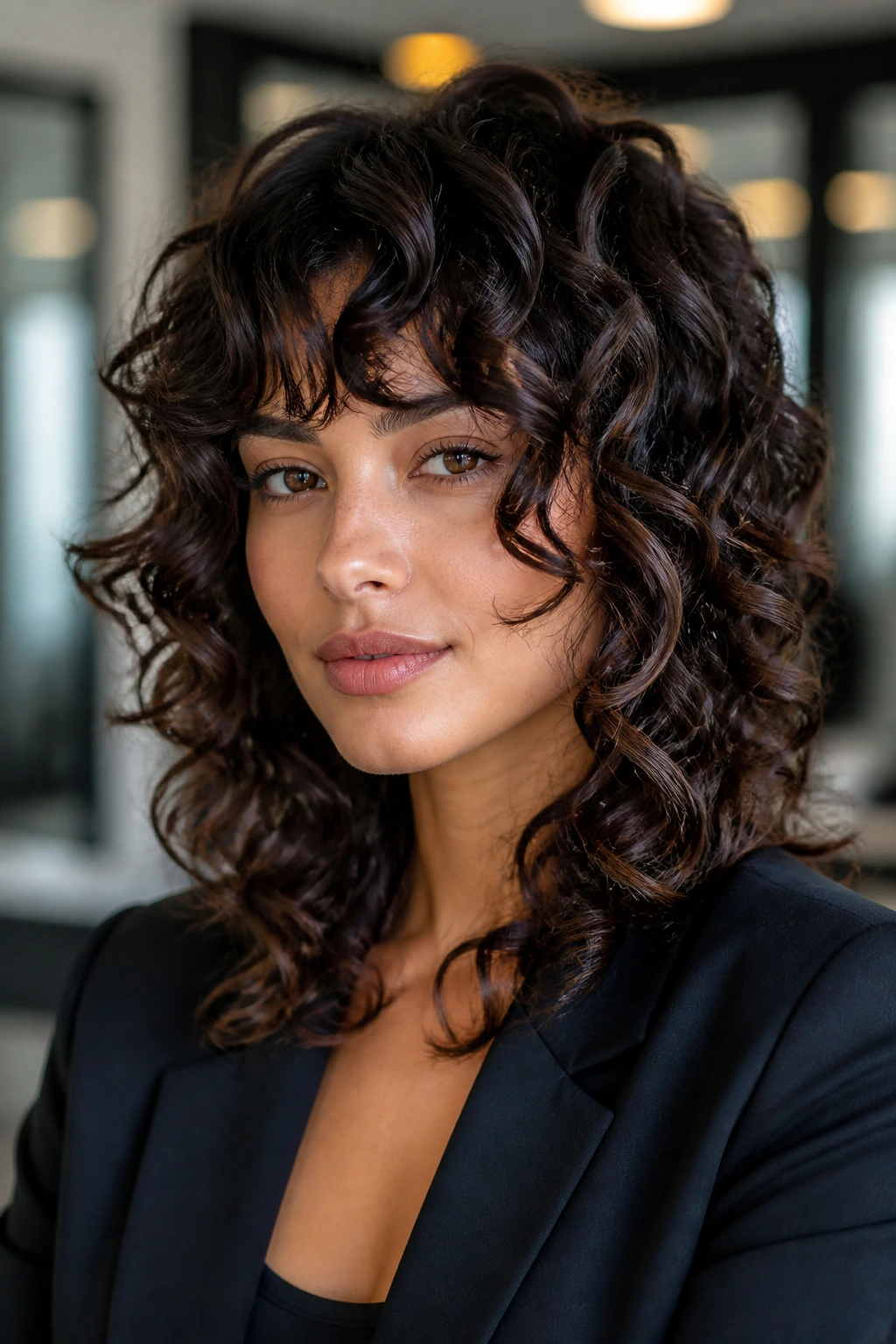 Close-up real woman with glossy curly shag and polished S-curves