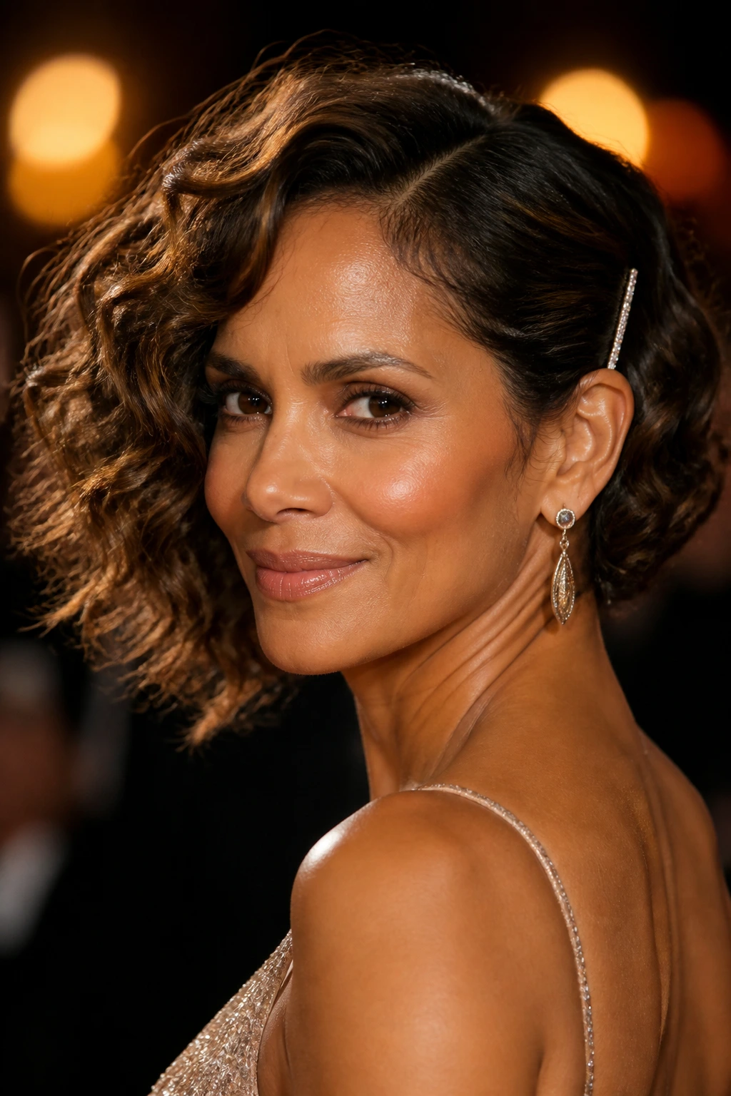 Close-up of a real woman with glossy side-pinned curls for evening
