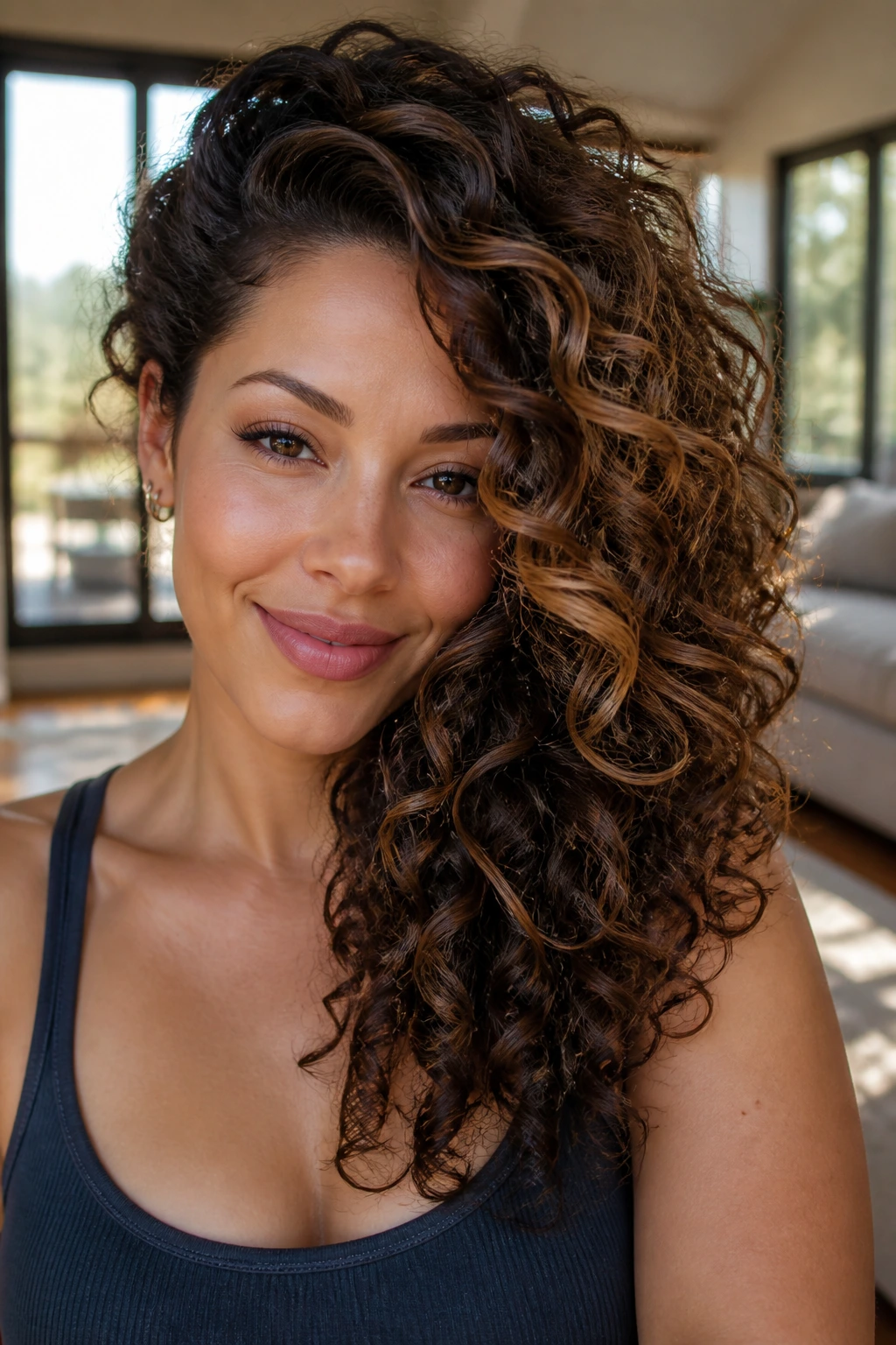 Close-up of a real woman with side-swept glam curls and a glossy finish
