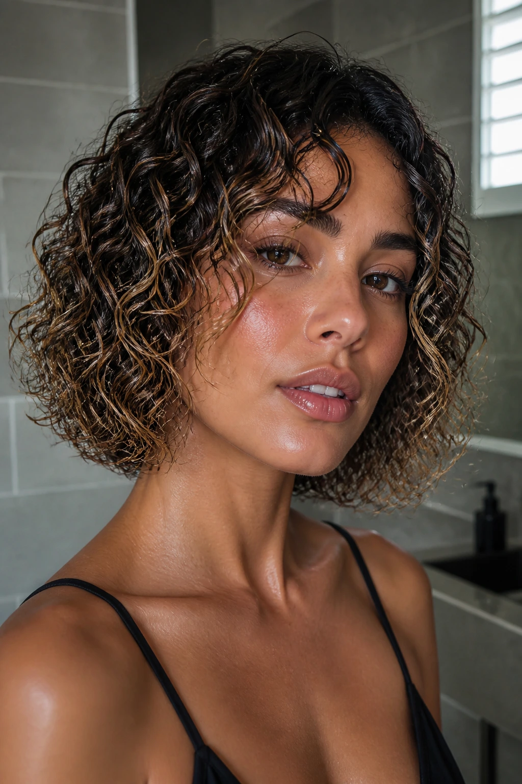 Close-up of a real woman with glossy curly bob and caramel ends in a wet finish.