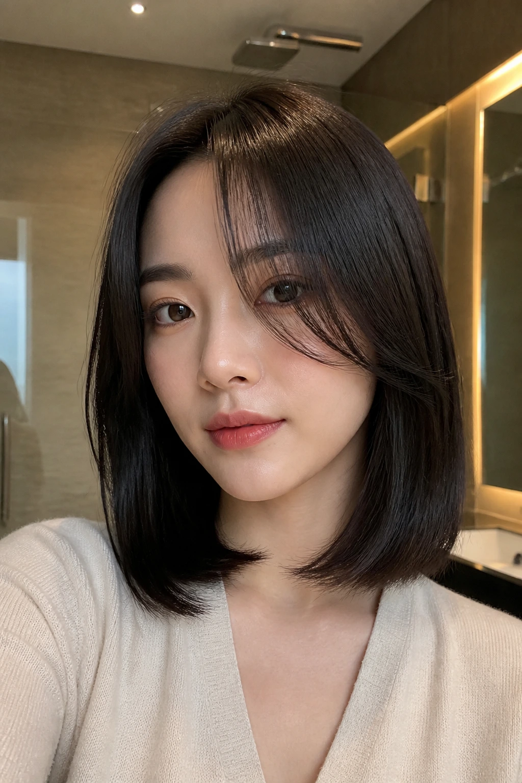 Portrait of woman with sleek glossy curtain bob variations