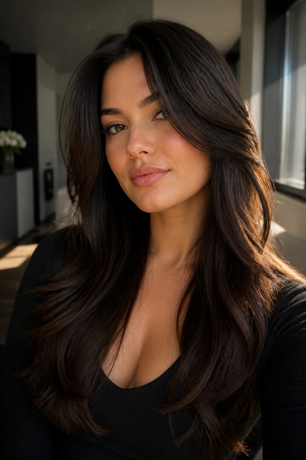 Close-up portrait of a real person with glossy curtain sweep layers in warm window light
