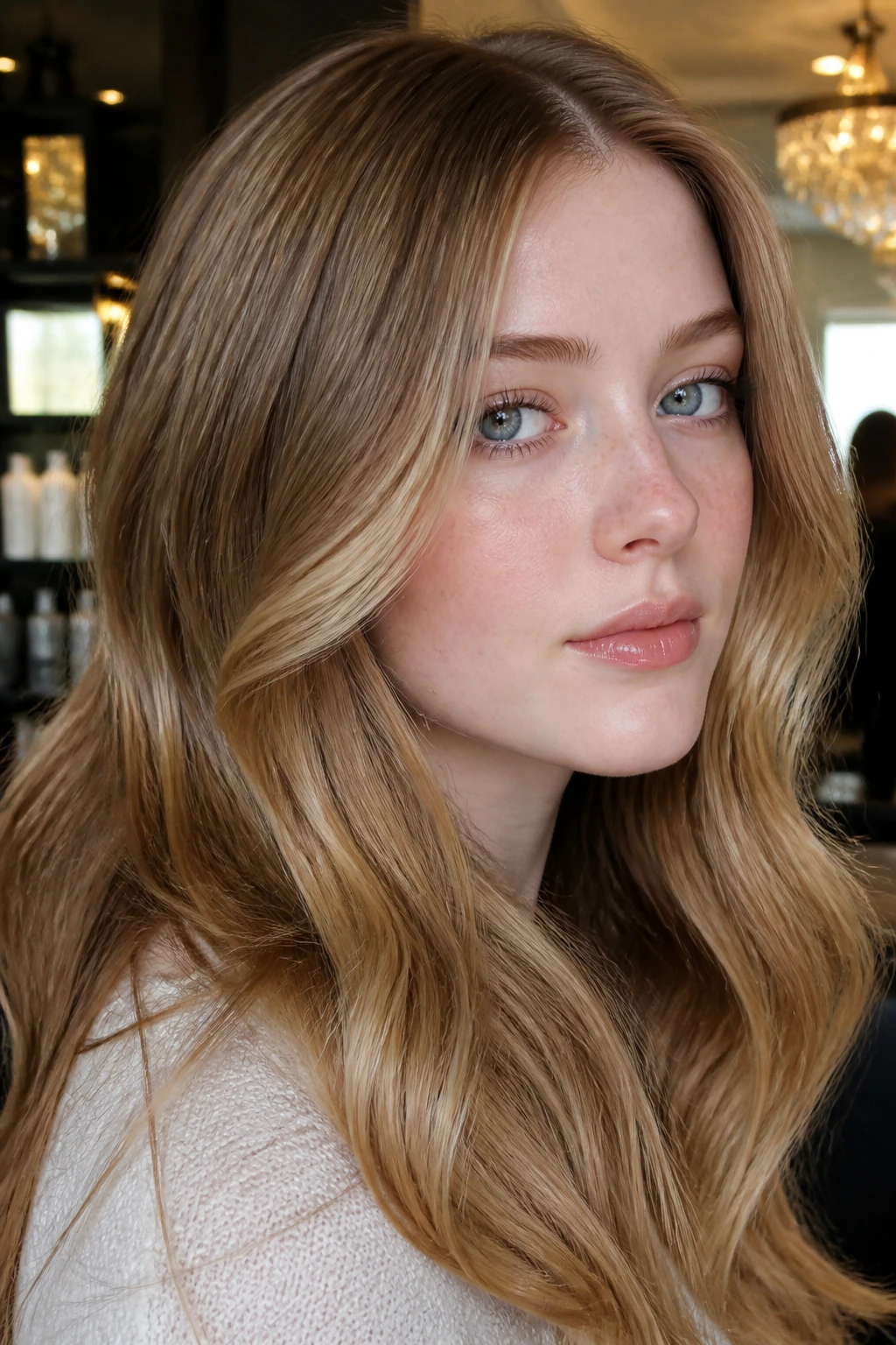 Close-up of a real woman with glossy dark blonde hair and warm underpainting for glow