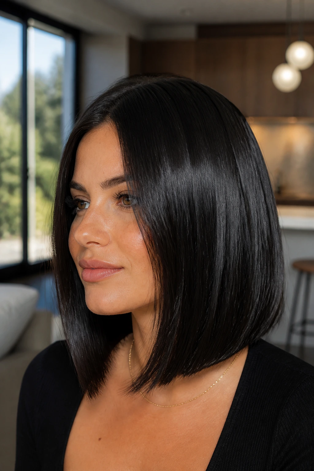 Close-up of a real woman with a deep glossy dark lob under natural light