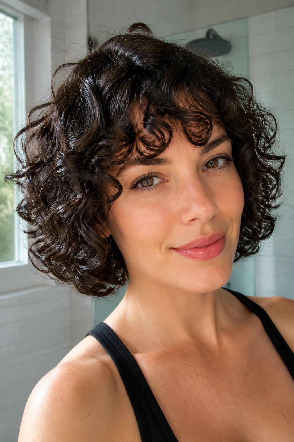 Close-up of a real woman with glossy defined curls framing the chin.