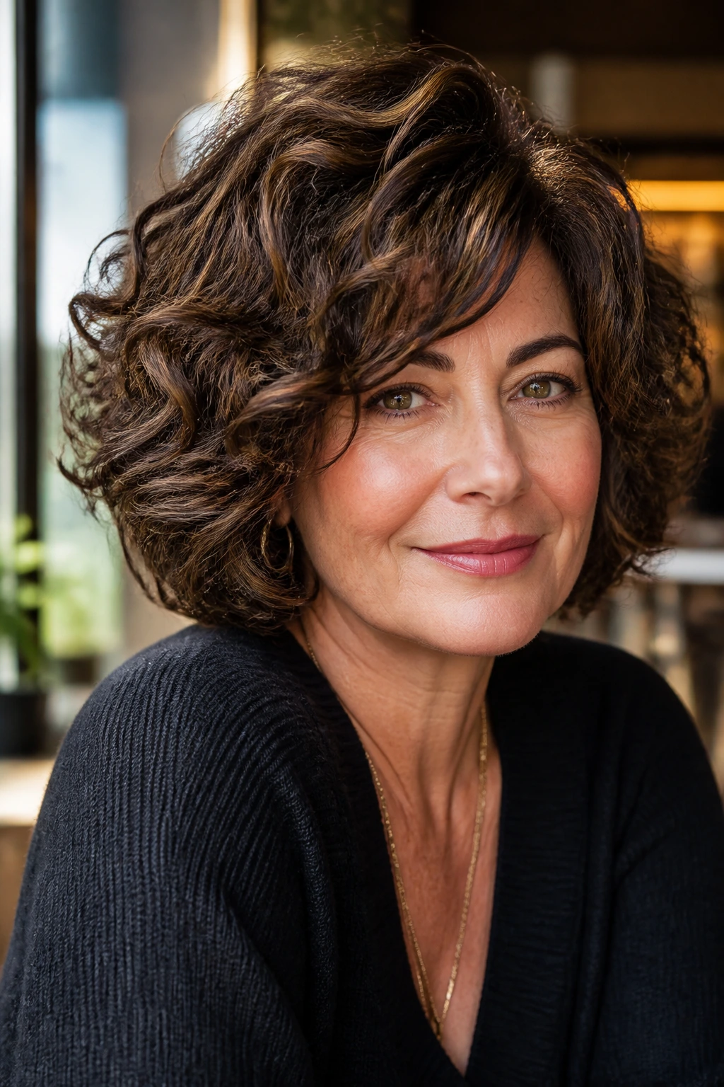 Close-up of a real woman with a glossy brunette bob and soft crown volume in warm light