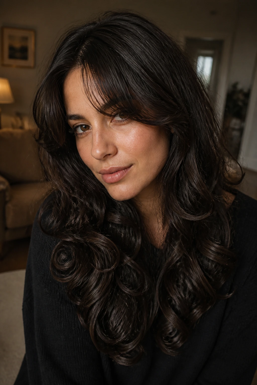 Close-up portrait of a real person with smoky brunette curls and glossy ends.