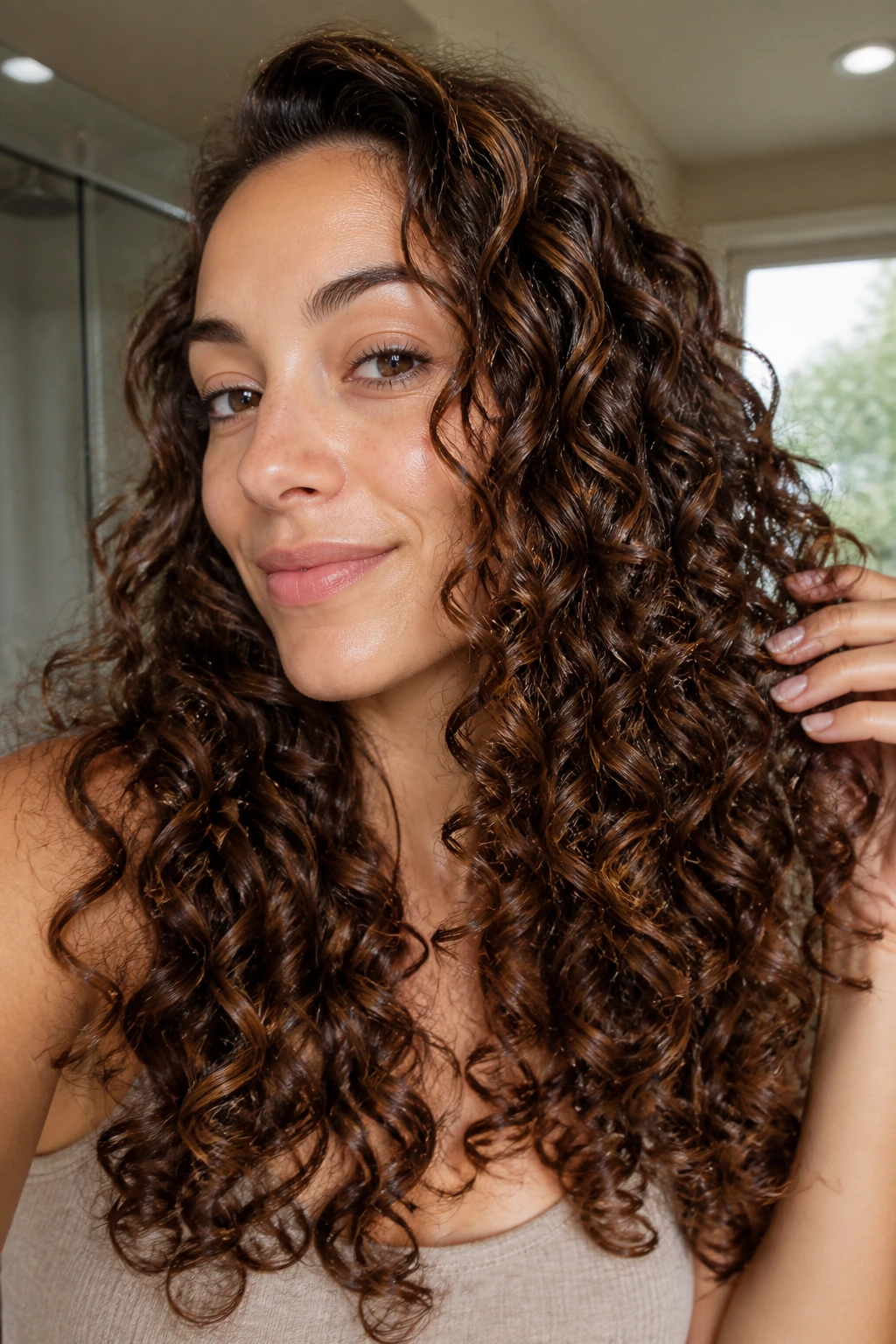 Close-up of a real woman with glossy, refreshed ends on day-three curls