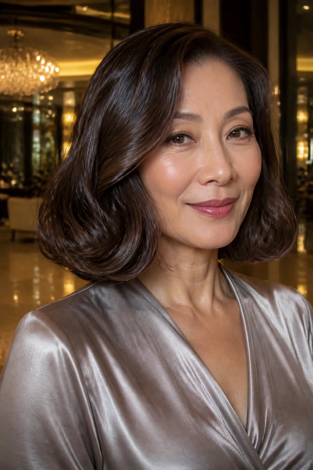 Portrait of a woman with glossy evening lob and polished ends.