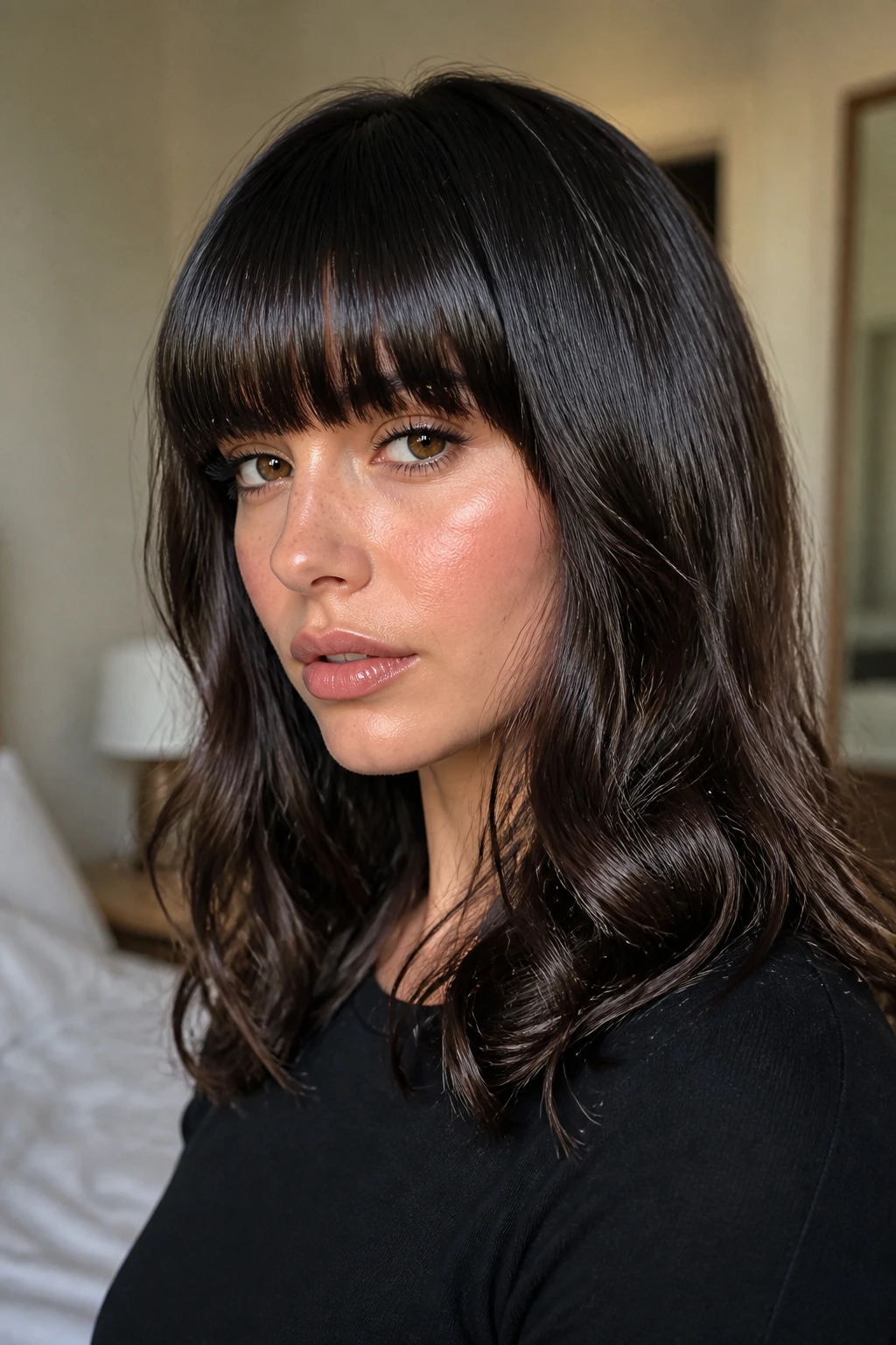 Close-up of a real woman with glossy fringe and long lob, natural window light