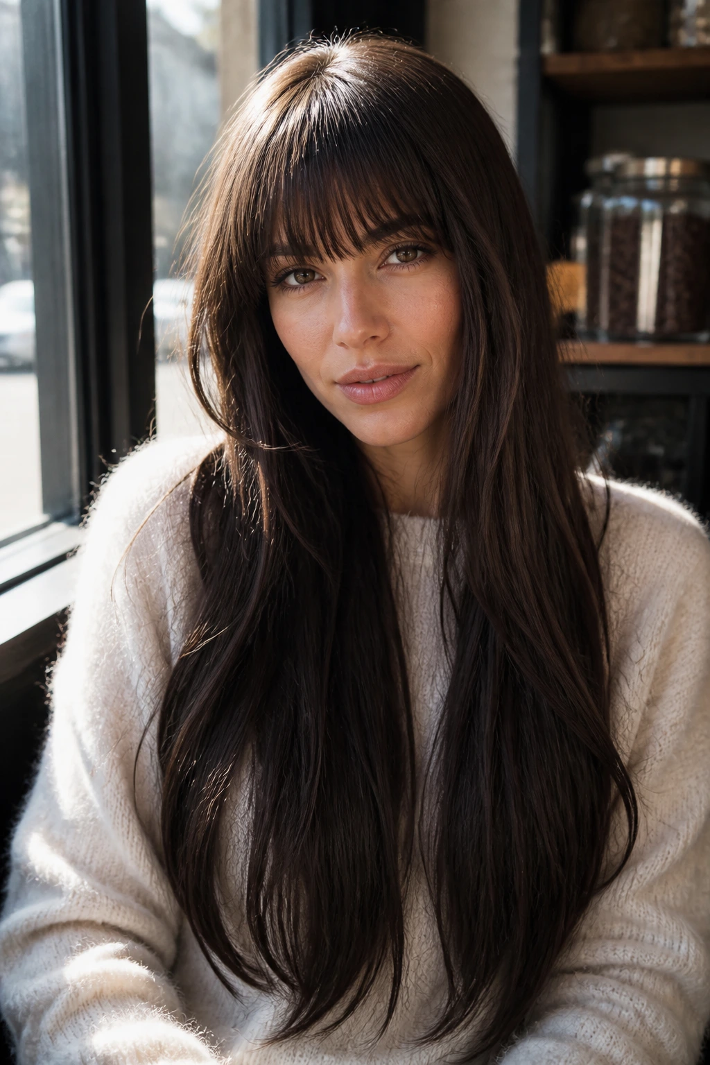Close-up of a real woman with waist-length glossy hair and brow-skim fringe in cafe window light