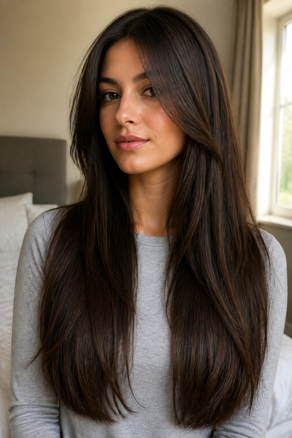 Close-up of glossy long hair with soft front layers framing the face