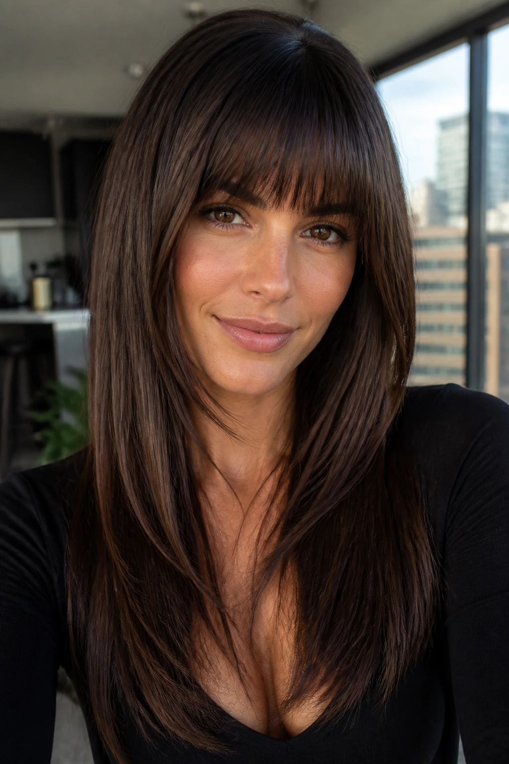 Close-up portrait of a woman with glossy straight layered hair and bangs beneath the brows in warm window light
