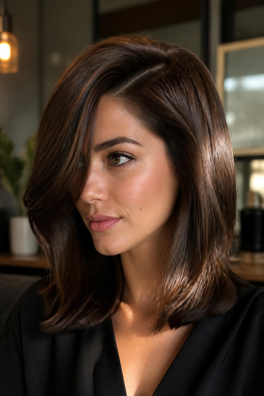 Portrait of a woman with deep side part and glossy shoulder-length layers