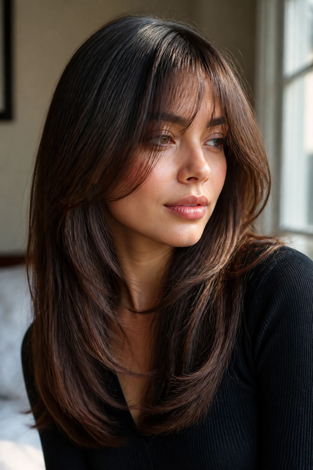 Portrait of a real woman with glossy long layers and airy bangs in natural daylight