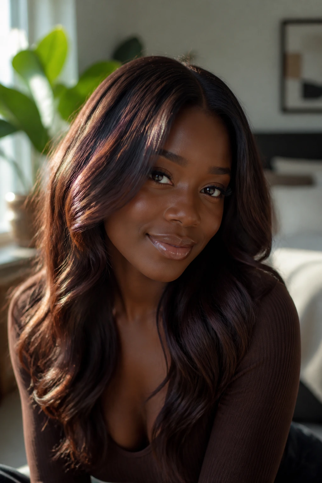 Portrait of a person with glossy deep-toned hair in a window-lit home setting