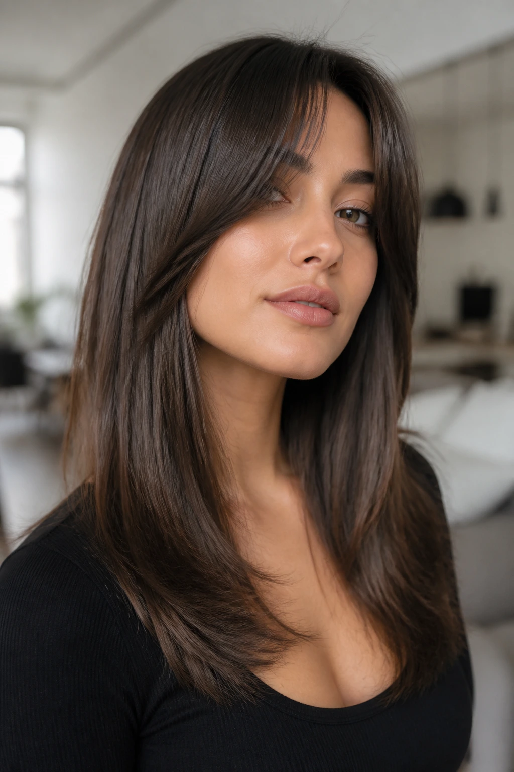 Portrait of real person with glossy finish curtain bangs and sleek hair.
