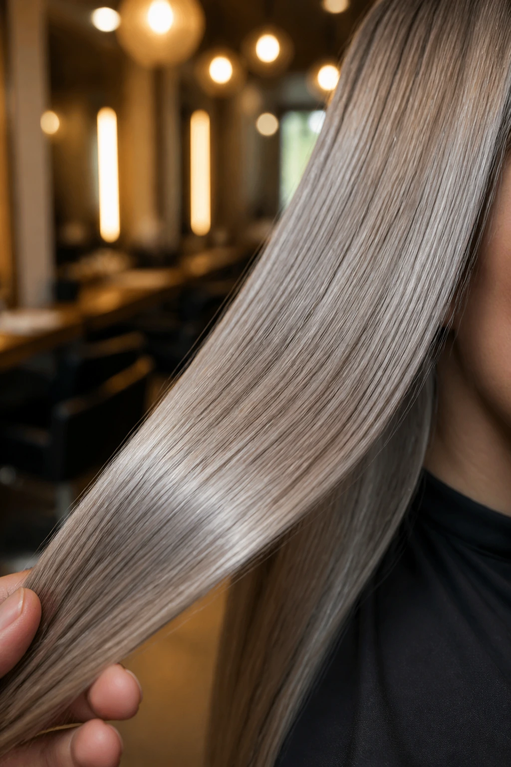 Glossy cool-toned hair strand with dimension and shine