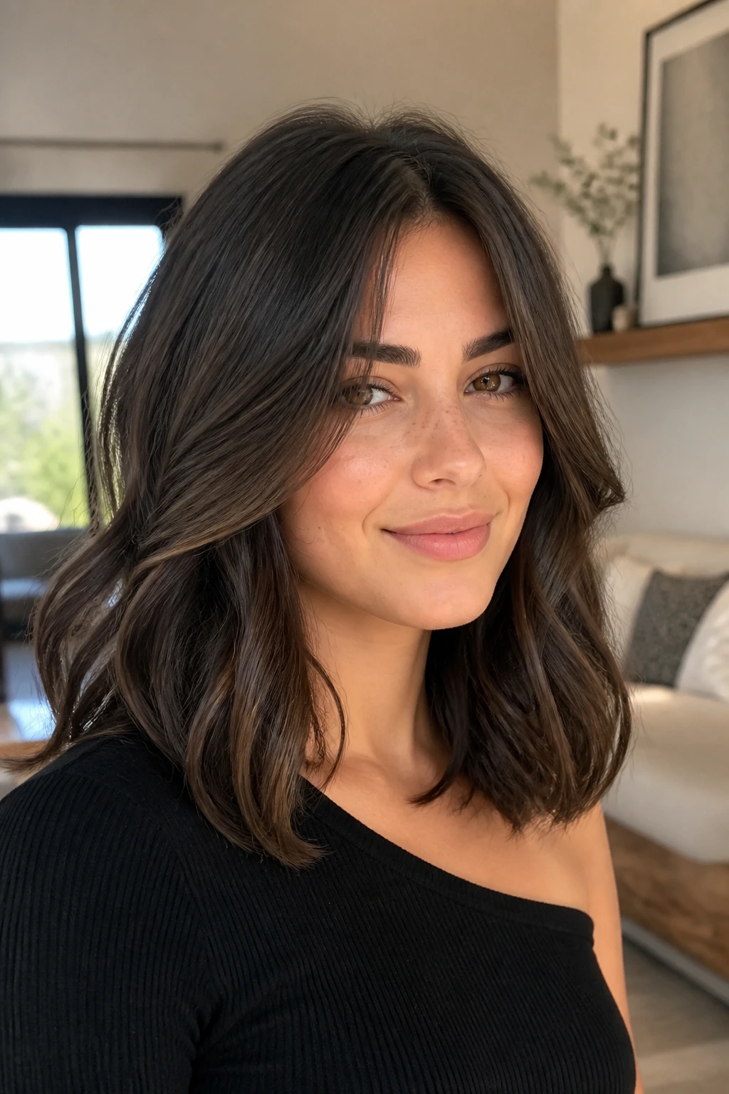 Portrait of a real woman with a glossy mid-length cut and hidden internal layers in bright natural light