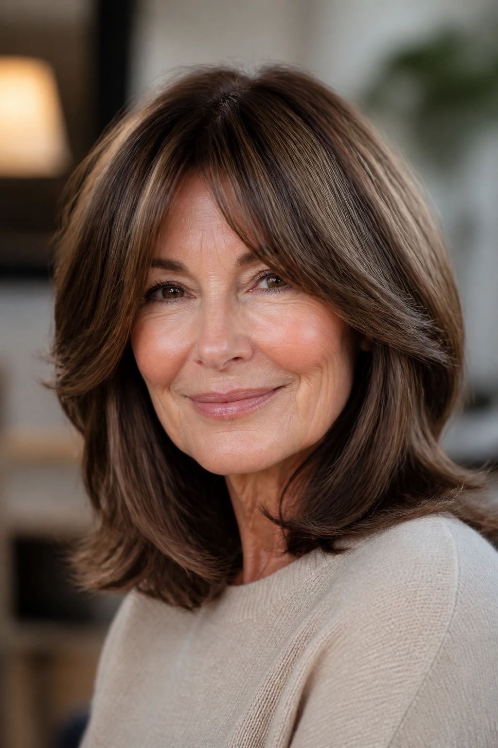 Close-up portrait of a real woman with glossy, soft-polished hairstyle and curtain bangs in warm window light