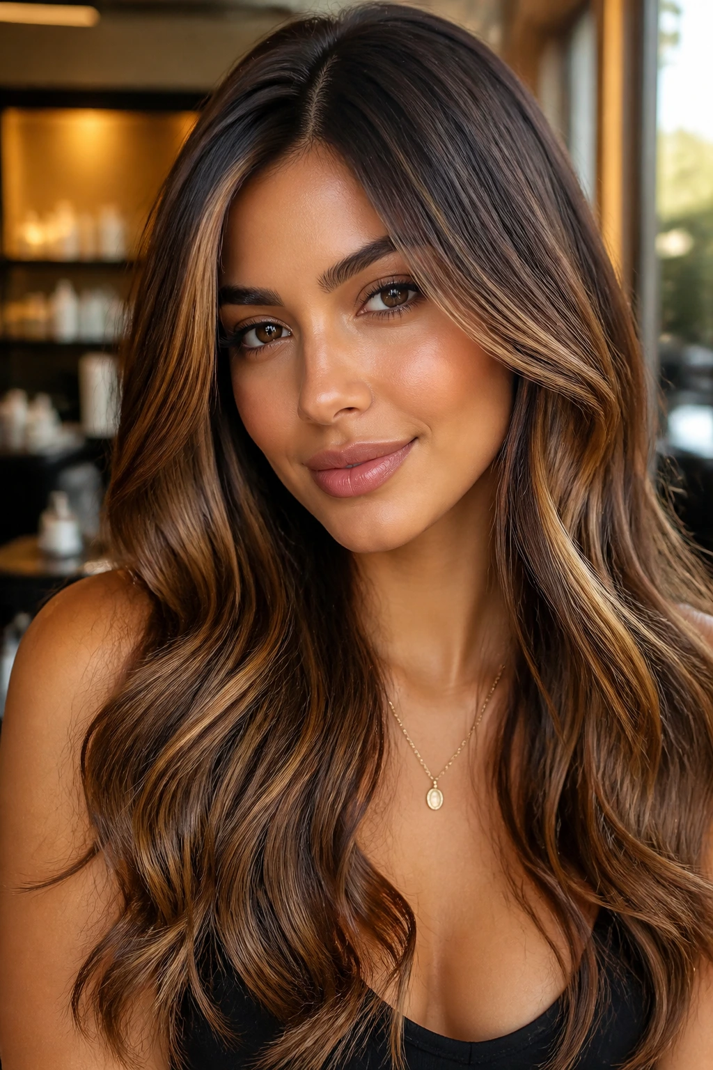Close-up portrait of olive-skinned woman with glossy caramel honey highlights and warm glow