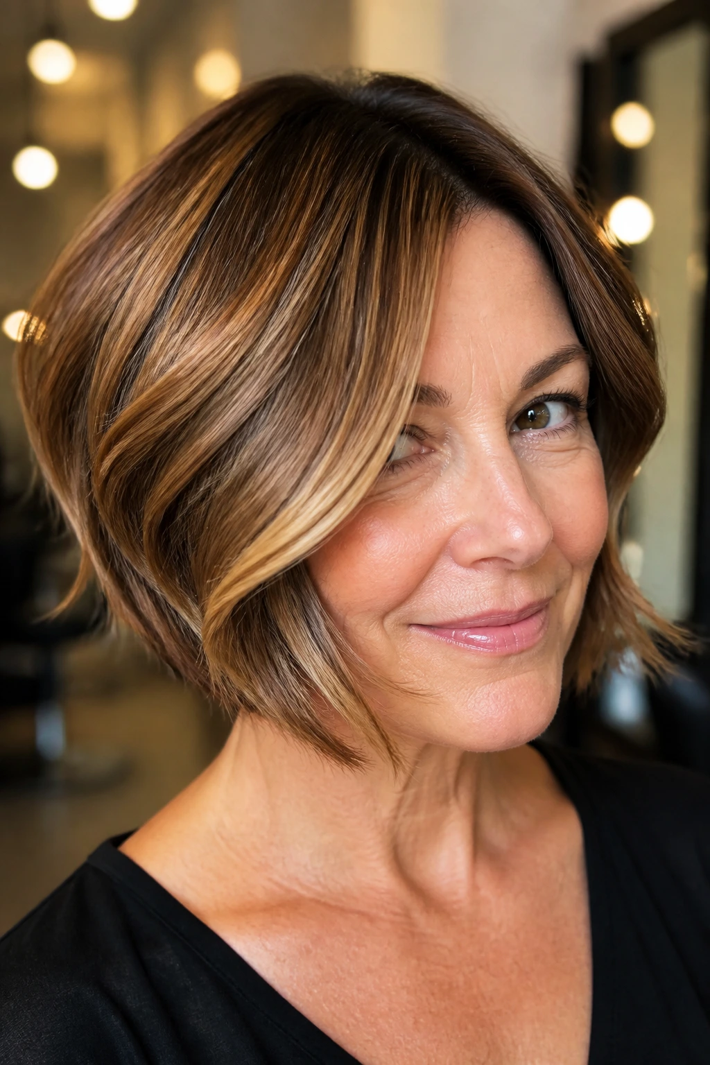 Close-up of real person with Glossy Blowout Inverted Bob and soft caramel shine