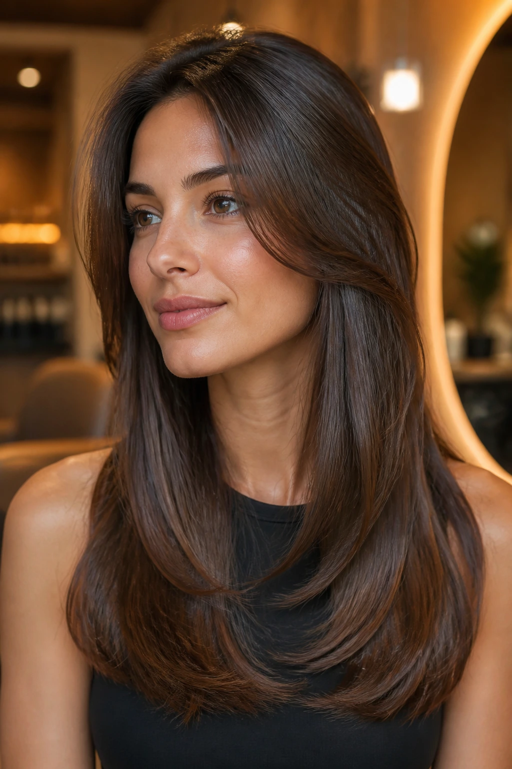Close-up of a real woman with sleek glossy layers and soft ends in a warm salon setting