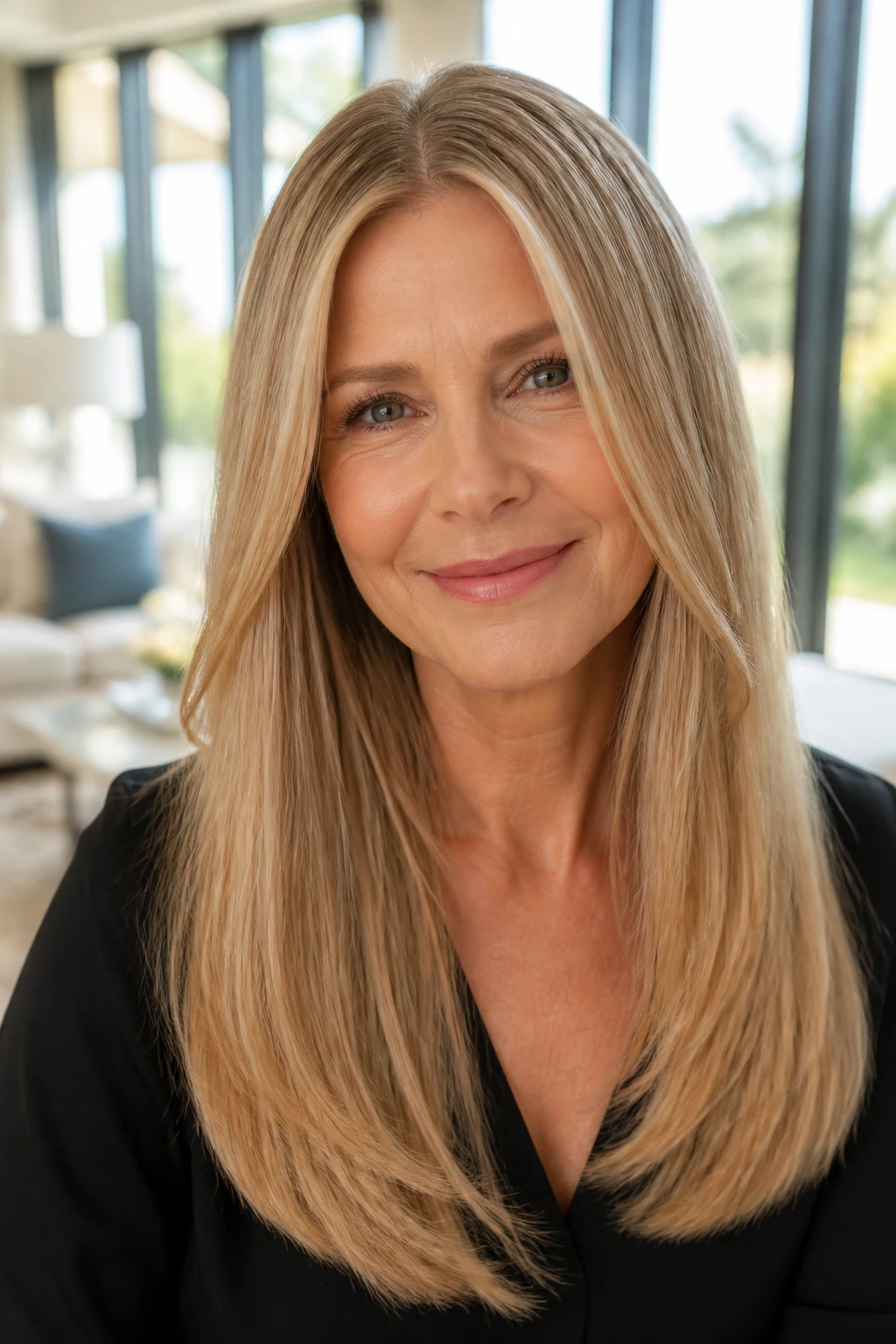 Close-up portrait of a real woman with glossy, minimally layered long hair in natural light