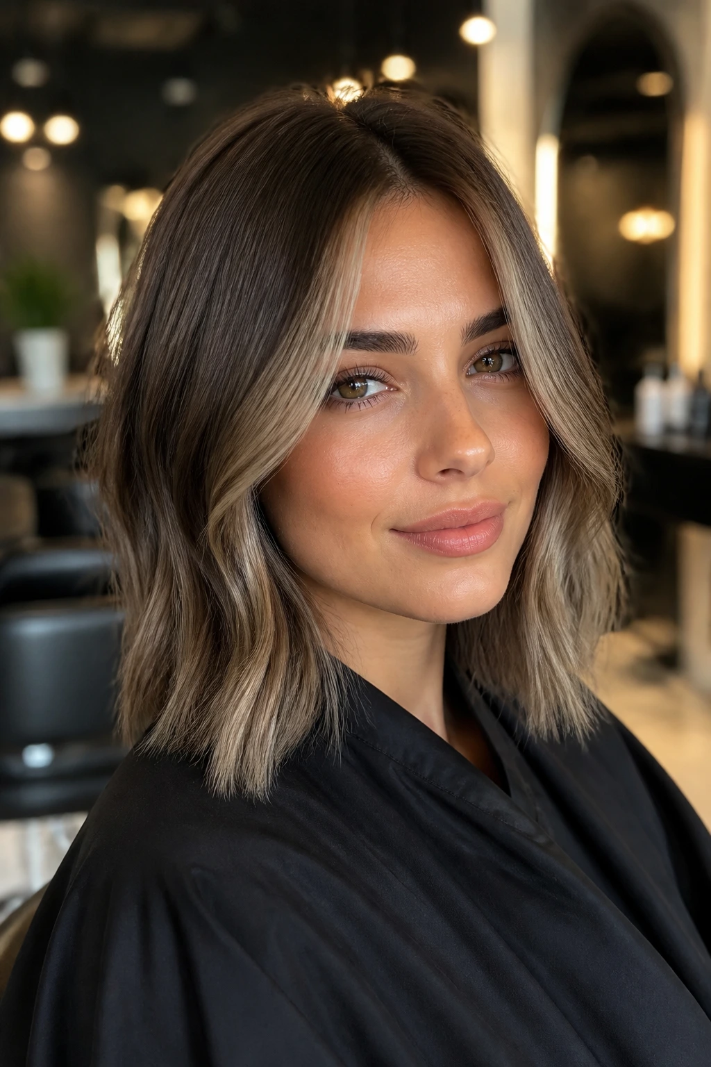 Close-up of a real woman with glossy ash-beige money-piece lob in a polished salon