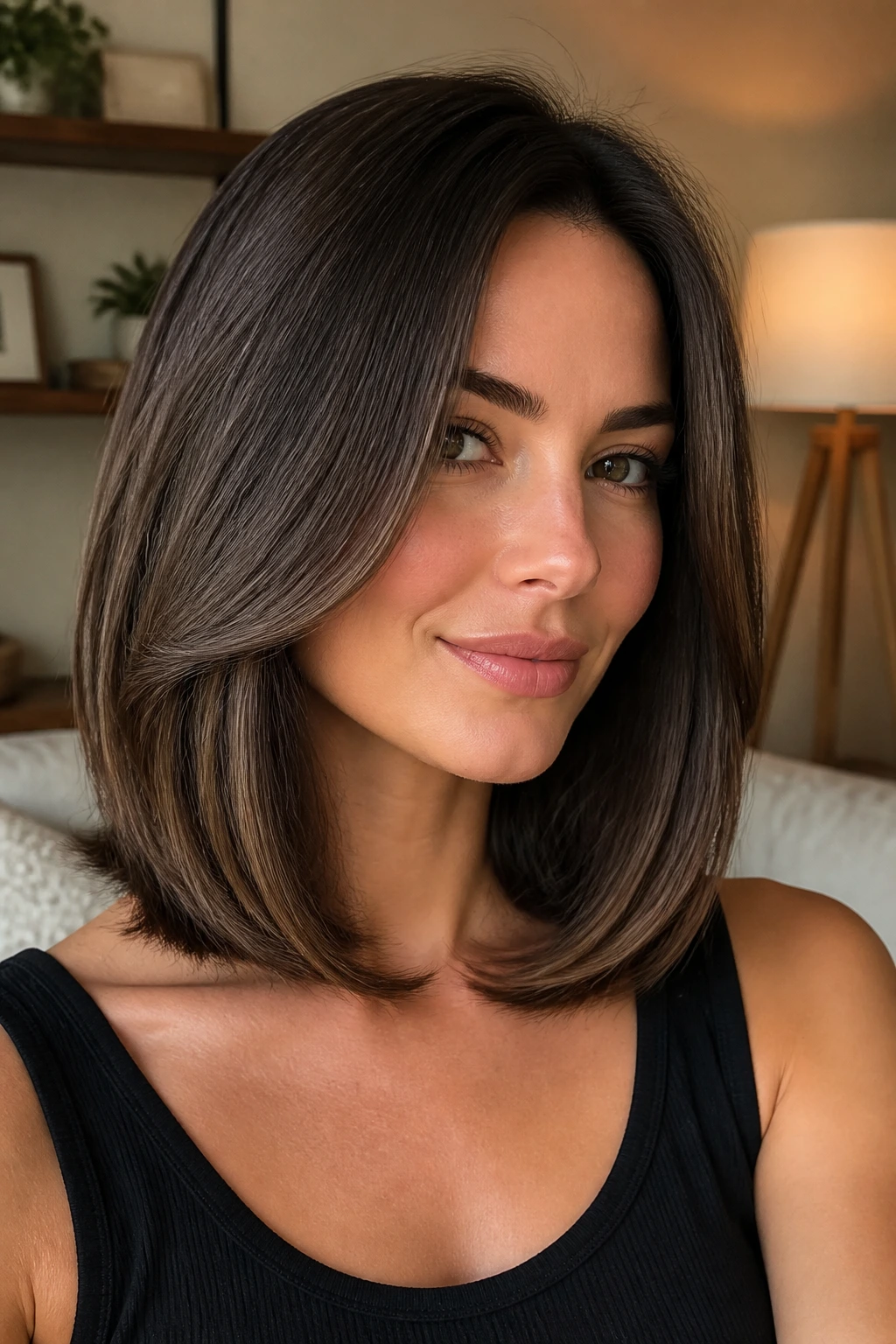 Close-up portrait of a real woman with a glossy blowout lob in warm light
