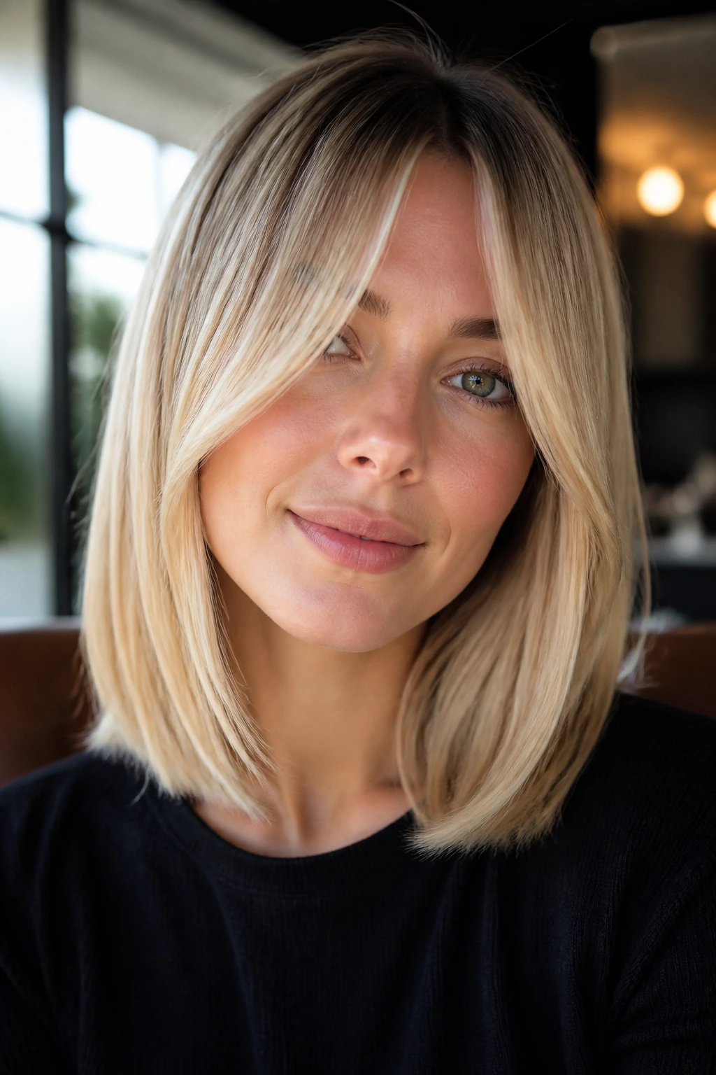 Close-up of a woman with glossy lob and long curtain fringe under window light